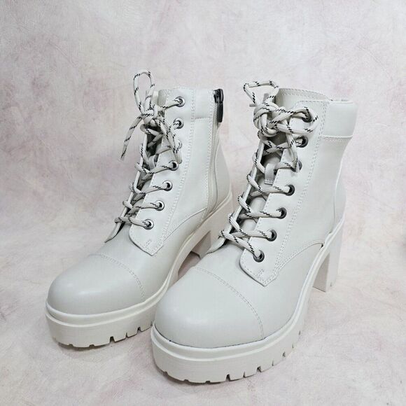 Nine West Quenton 7M Lace-Up Lug Sole Heeled Combat Booties White - Picture 1 of 8